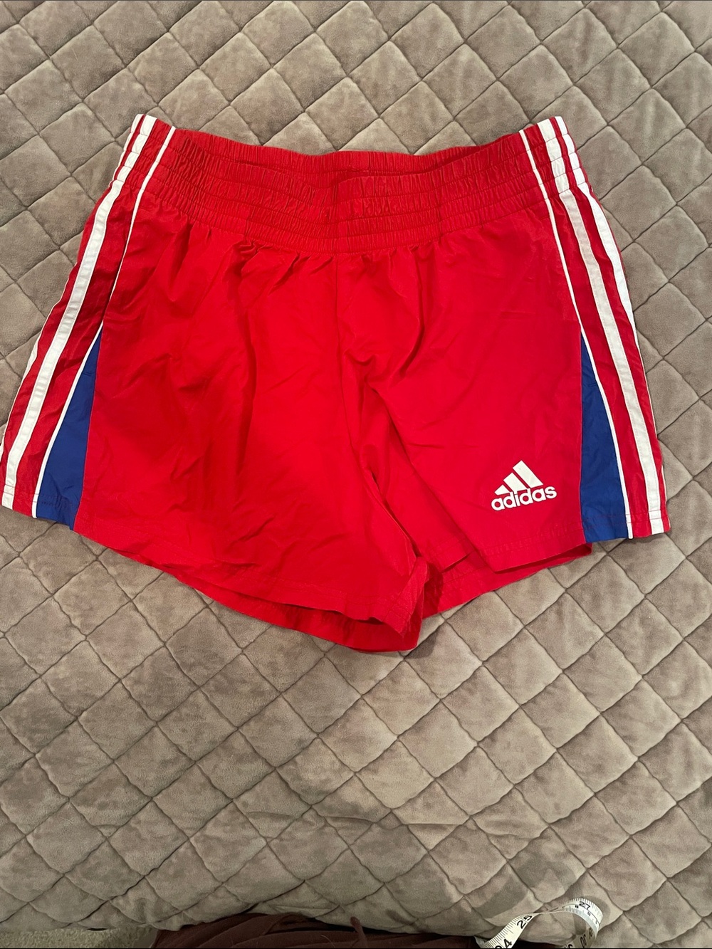 adidas Women's Red Athletic Shorts with Blue Panels